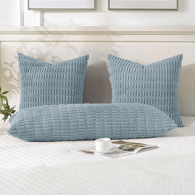 Fancy Homi Decorative Throw Pillow Covers for Bed Couch Bedroom Bench, Soft Corduroy Solid Pillow Case, Rustic Farmhouse Boho Room Decor,54" x 20" (Pack of 1),Light Blue