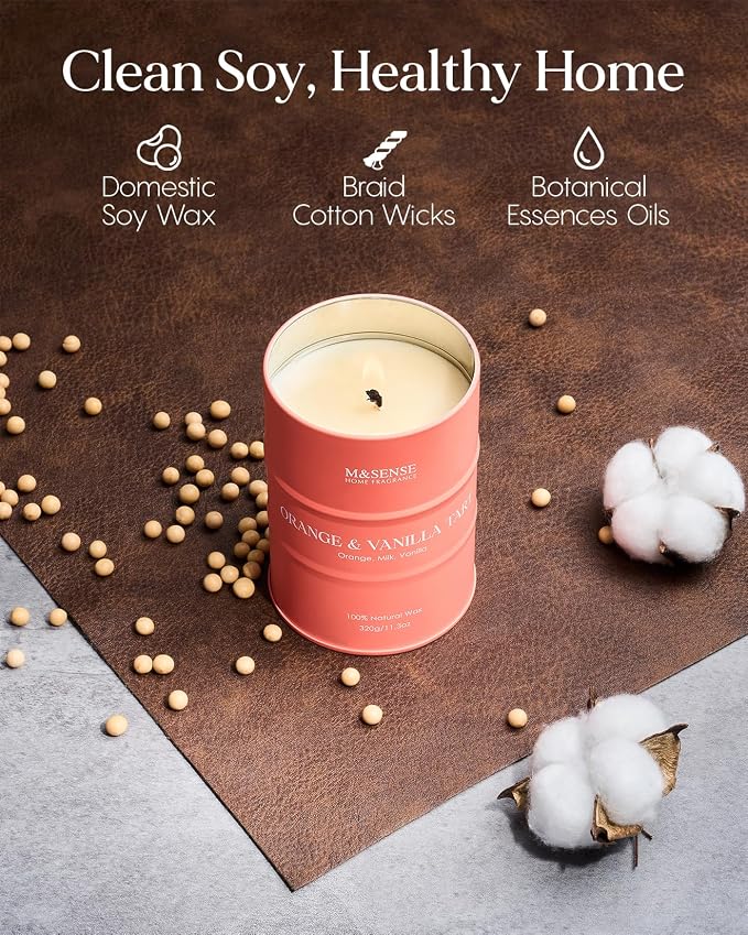 M&SENSE Orange Vanilla Scented Candles,Fall Candles for Home Organic Soy Candle, Clean Non Toxic 11.3oz 70 Hours Long Lasting Burning, Highly Scented Citrus Smelling Candle Cozy Room Decor