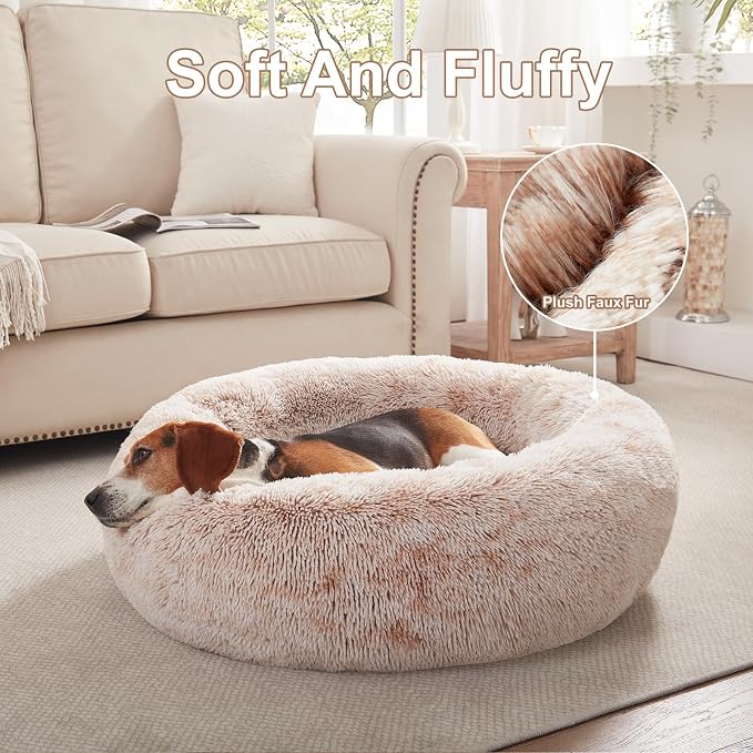 33 in Faux Fur Fluffy Donut Dog Bed for Medium Plus Dogs,Brown | Calming Plush Round Pet Bed with Removable & Washable Cover,Fits up to 65 lbs Pets