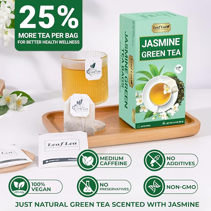 LeafLea Jasmine Green Tea Bags, Light Focus & Daily Balance, 80 Count | Green Tea Naturally Scented With Jasmine, Delicate Floral Taste, Caffeinated, Sugar-Free, Vegan, Individually Wrapped