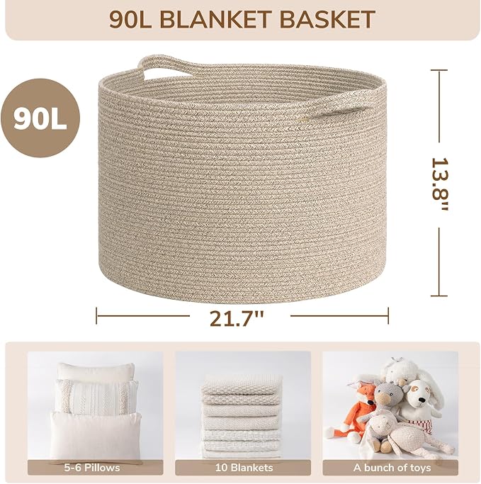 INDRESSME XXXLarge Woven Wicker Blanket Basket Living Room, 90L | 21.7" x 13.8" Storage baskets for toys laundry & pillows. Fits living room, bedroom or nursery décor. Soft-touch with handles