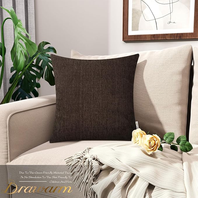 BRAWARM Throw Pillow Covers 20x20 Inches - Coffee Chenille Pillow Covers Pack of 2, Solid Dyed Soft Chenille Pillow Cases for Couch Sofa Bed Home Decoration