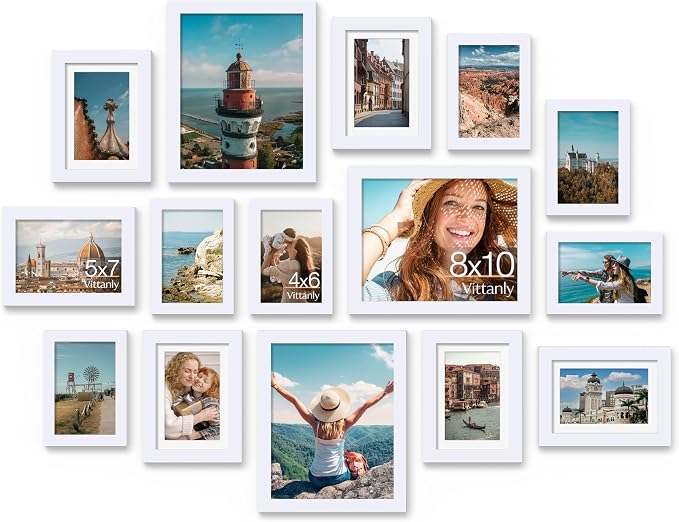 Vittanly 15 Pack Picture Frames Collage Wall Decor, Wall/Tabletop Display | White, Multi-Size Gallery Wall Frame Set: 3pcs 8x10, 6pcs 5x7, 6pcs 4x6. Picture Frame Set for Family