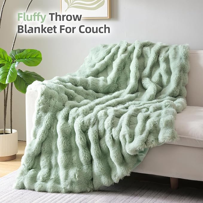 Faux Rabbit Fur Throw for Couch - Sage Green Bubble Blanket 60"x80" | Fluffy Plush Fuzzy Throw for Sofa & Bed, Super Soft Cozy Comfrt Blanket, Luxury Aesthetic Sage Green Decor Gift for Women
