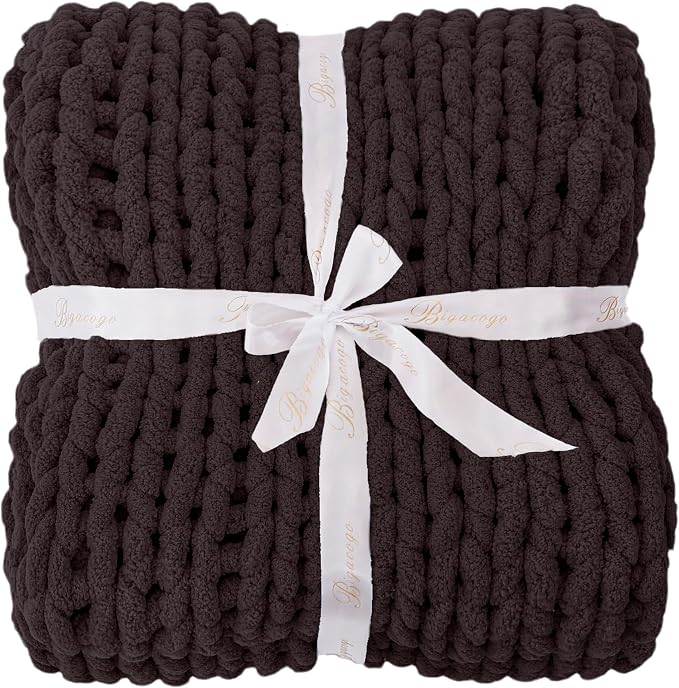 Bigacogo Chunky Knit Throw Blanket for Couch, 40x40 inches, Chocolate | Hand Knit with Jumbo Chenille, Soft Breathable Cable Knit for Sofa Bed Living Room, Machine Washable, Gift for Mom Friend