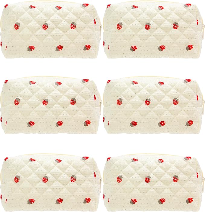 Small Quilted Makeup Bag,Zipper Cosmetic Pouch,Gauze Strawberry,6 Pack | Lightweight Cosmetic Bag Organizer for Women,Purse Storage Holds Makeup,Toiletries,Skincare,Beauty Essentials,Travel Items