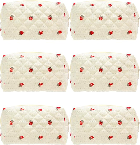 Small Quilted Makeup Bag,Zipper Cosmetic Pouch,Gauze Strawberry,6 Pack | Lightweight Cosmetic Bag Organizer for Women,Purse Storage Holds Makeup,Toiletries,Skincare,Beauty Essentials,Travel Items