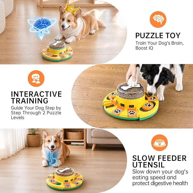 Dog Puzzle Toy 2 Levels, Slow Feeder, Pup Food Treat Feeding Dispenser for IQ Training and Entertainment for All Breeds,Green with Pattern