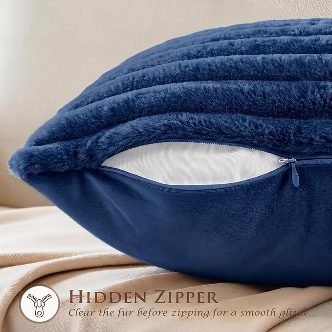 Pack of 2 Throw Pillow Covers 20x12 Decorative Solid Plush Faux Fur with Soft Velvet Back, Square Striped Cushion Cases Modern Farmhouse Home Decor for Living Room Couch Sofa Bed Navy Blue