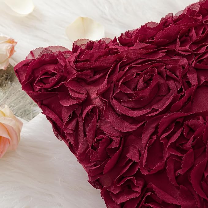 MIULEE Decorative Rose Flower Pillow Covers Pack of 2 Wine Red 12x20 Inch | Cute Romantic Stereo Chiffon Throw Pillow Cover Aesthetic Solid Pillowcase for Girl Coquette Room Decor Coach Bedroom