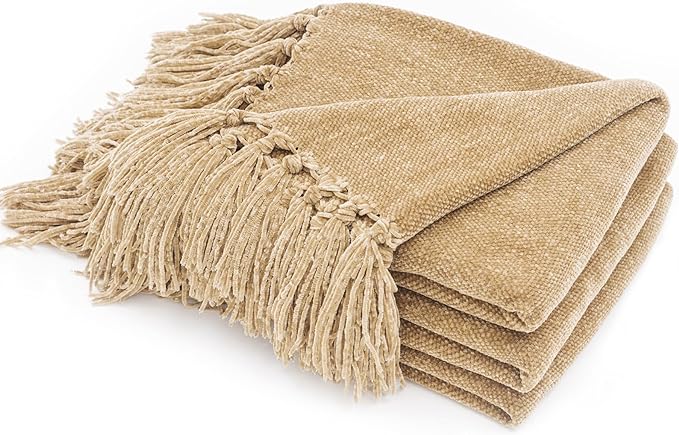 RECYCO Chenille Throw Blanket for Couch, 60"x80", Beige | Super Soft Knit Throw Blanket with Fringe Tassels, Lightweight Knitted Throw, Cozy, Ideal for Sofa Chair Bed Living Room Gift