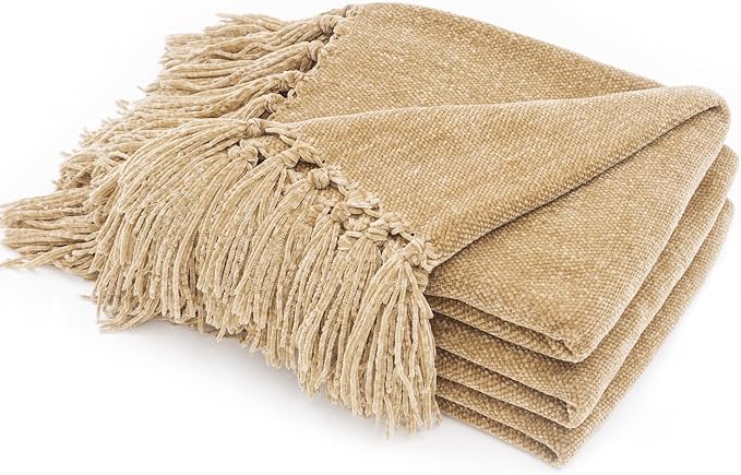 RECYCO Chenille Throw Blanket for Couch, 50"x60", Beige | Super Soft Knit Throw Blanket with Fringe Tassels, Lightweight Knitted Throw, Cozy, Ideal for Sofa Chair Bed Living Room Gift