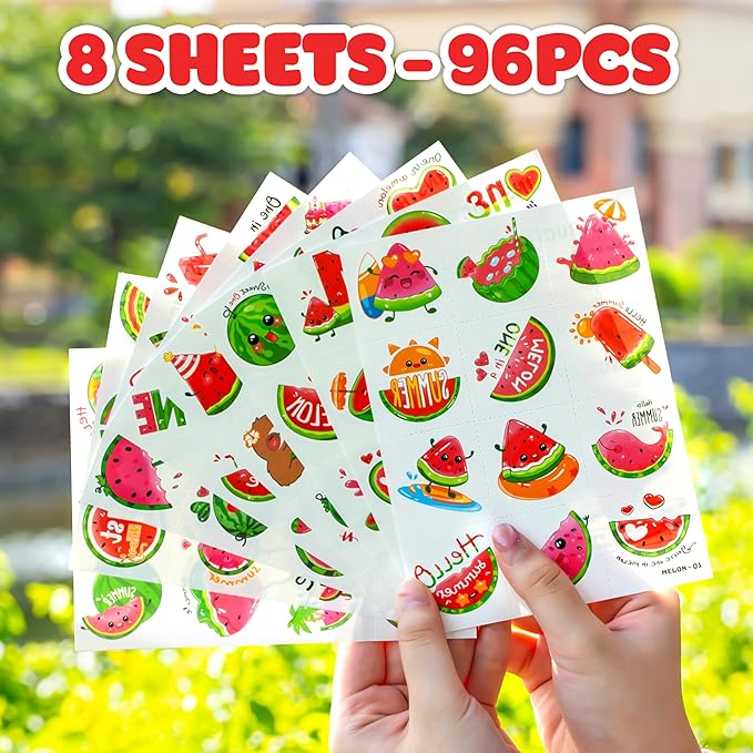 96PCS Watermelon Pre-Cut Temporary Tattoos for Kids | Super Cute Themed Birthday Party Favors, Supplies, Decorations, Funny Fruit Fake Tattoo Stickers, School Rewards Prizes & Gifts For Boys & Girls
