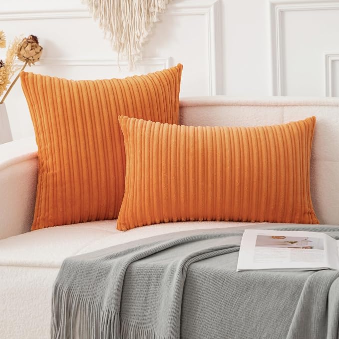 UGASA Fall Decorative Soft Velvet Stripe Pillow Cover 1 Pack Solid Corduroy Textured Euro Cushion Case for Couch Bedroom Sofa Farmhouse, 18x18 Inch, Orange