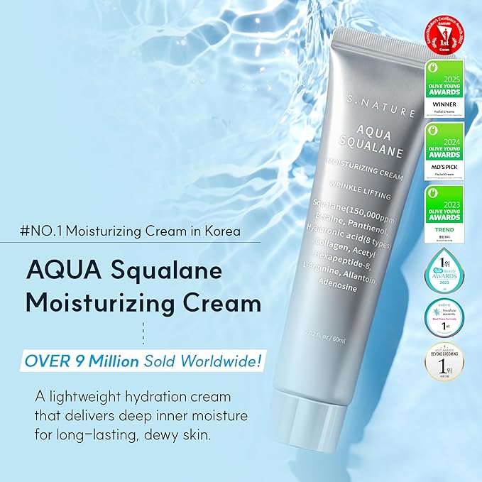 S. Nature AQUA SQUALANE MOISTURIZING CREAM | Face Moisturizer for Dry and Sensitive Skin, Vegetable Squalane 150,00ppm, Long-lasting Hydration, Pore Care Cream, Korean Skin Care (2.02 Fl Oz, 60ml)