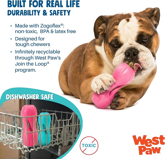 WEST PAW Qwizl Durable Zogoflex Dog Puzzle Toy for Mental Stimulation, and Enrichment - Treat Dispensing for Bully Sticks and Dental Sticks - Dishwasher Safe - Made in USA - Small - Teal