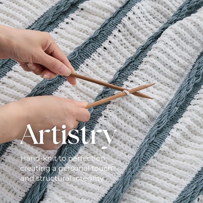 Boho Knitted Chenille Blanket with Tassels - Lightweight & Soft All-Season Throw - 3D Classic Pattern for Living Room Bedroom Couch, Celestial Blue(Striped), Queen 90"x90"