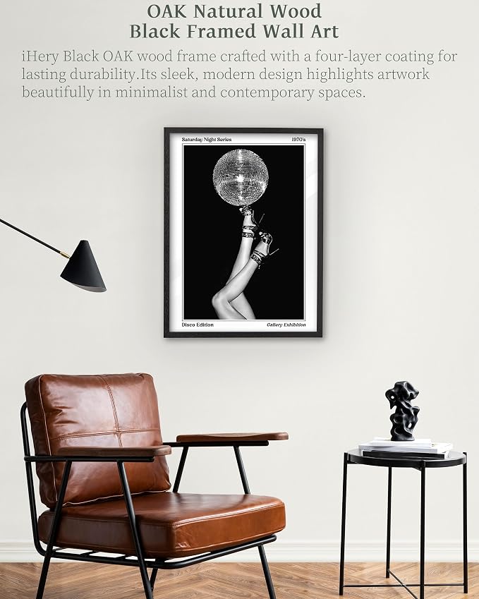 iHery 8x10in Disco Ball Framed 70s Retro Wall Art | Premium Black OAK Wood Frame with Canvas Print, Retro 70s Disco Decor for Bedroom, Bathroom, Dorm and Living Room, 1Pack