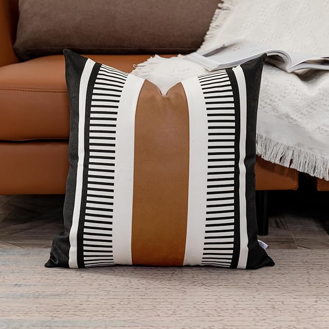 Farmhouse Stripe Euro Pillow Cover 26x26 Large Accent Cushion Cover Black and White Faux Leather Decorative Pillowcase for Sofa Couch Chair Bedroom Modern Decor,Black