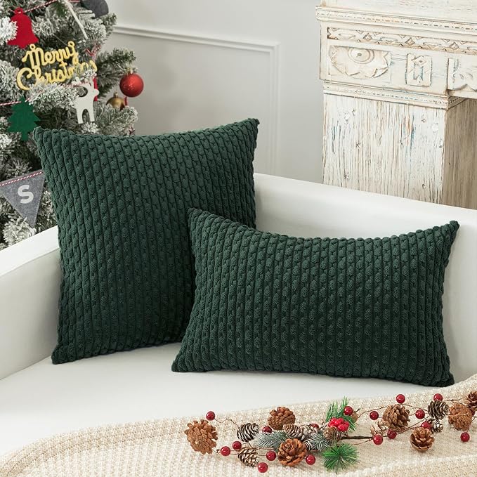 Kevin Textile Soft Corduroy 14"x24" Lumbar Pillow Cover 1 Pack, Army Green | Boho Stripe Plush Corduroy Decorative Oblong Cushion Cover Modern Farmhouse Home Decor for Sofa Couch Bed Chair