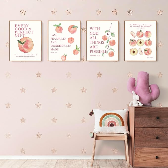 LARTSFRO Coquette Pink Peach Fruits Wall Art Decor Posters, Cute Pink Peach Christian Room Bathroom Bedroom Dorm Wall Art Decor Aesthetic for College Teen Girls Gifts, Inspirational Bible Verses Wall Decor, 10x8 Inch Set of 4 Pcs Fruits Pictures (UNFRA...