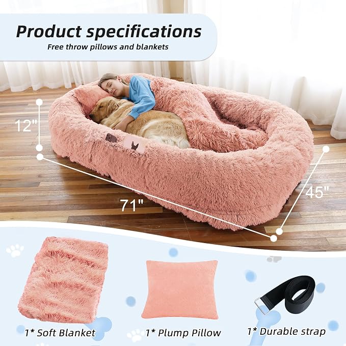 WROS Human Dog Bed for Adult, 71"x45"x12" Giant Calming Nest Beds, Pink | Washable Soft Faux Fur Cover, Orthopedic Foam Support, Non-slip Bottom, Includes Blanket, Strap & Pillow