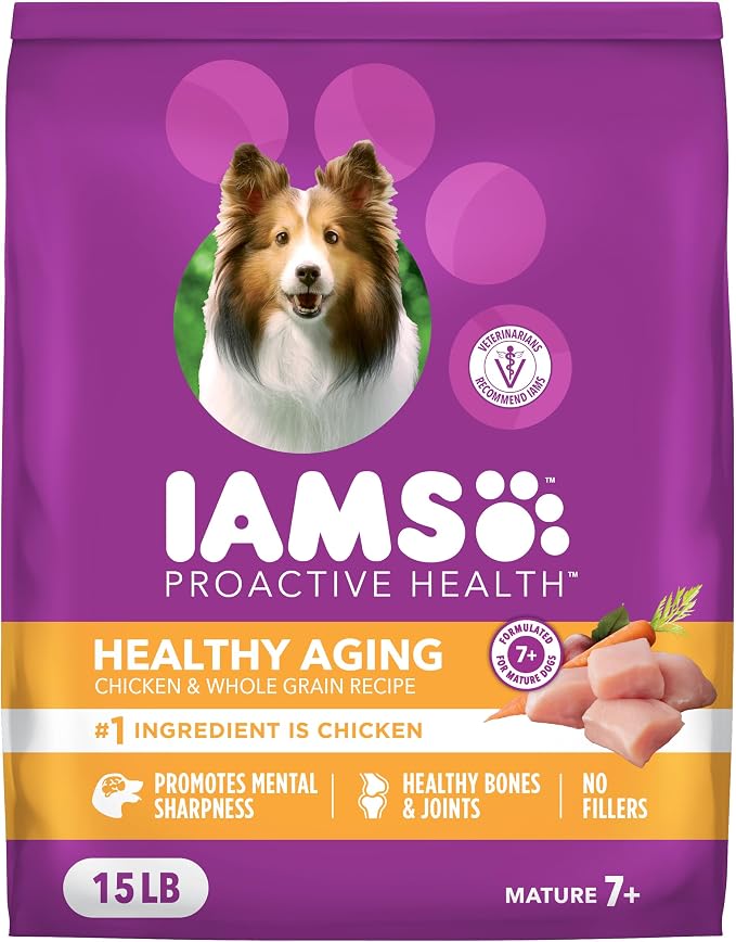 IAMS Proactive Health Healthy Aging Dry Dog Food, Chicken, 15 lb | Veterinarian-recommended, DHA Gold for mental & visual sharpness, Vitamin E & Beta Carotene, real chicken #1 ingredient