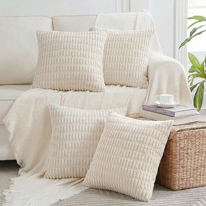 Fancy Homi 4 Packs Decorative Throw Pillow Covers for Living Room Couch Bed, Modern Farmhouse Boho Home Décor Accent Cushion Case, 18" x 18", Cream