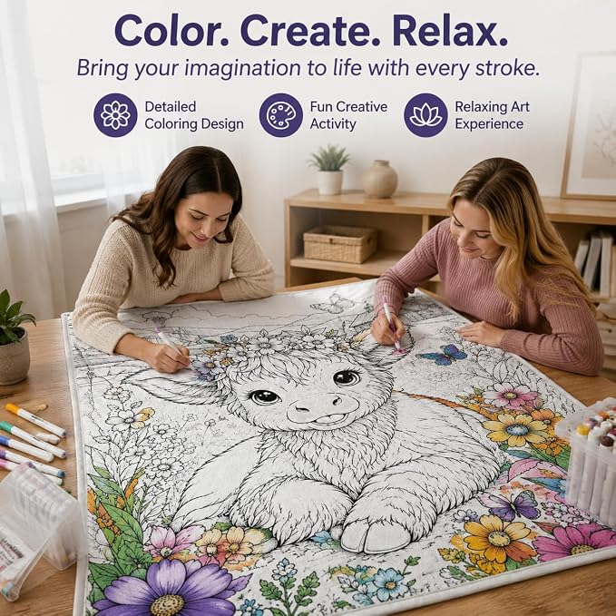 VEELU DIY Coloring Blankets with 24 Colors Markers for Adults | Custom Color In Your Own Blankets With 24 Colors Markers, Snuggle Color Sketch Washable Blankets Kit Home Decor