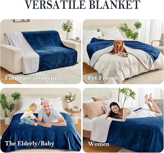 Waterproof Blanket Bed Cover 60"x80" for Adults or Pets, Navy Blue | Soft Pet Blanket for Dogs Cats, Reversible Leakproof Blanket for Bed Couch Sofa, Furniture Protector