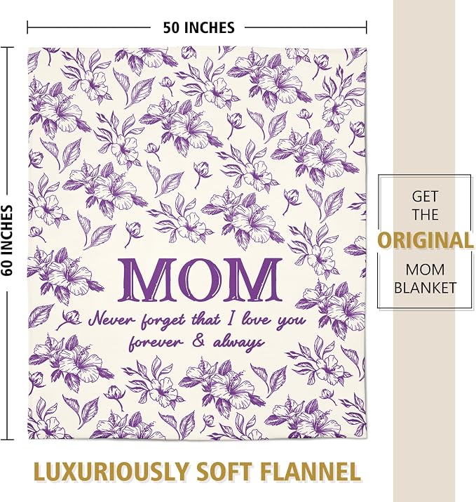 Gifts for Mom, Mom Birthday Gifts from Daughter Son, To My Mom Blanket | I Love You Mom Gifts for Birthday, Christmas, Mothers Day, Blanket for Mom with Hibiscus Flowers Print, 60" x 50", Purple