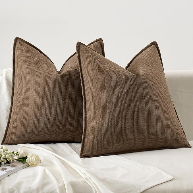 MIULEE Pack of 2 Dark Brwon Decorative Chenille Pillow Covers 18x18 Inch | Soft Couch Throw Pillows,Farmhouse Cushion Covers with Elegant Design for Sofa,Bedroom,Living Room,Spring Home Decor