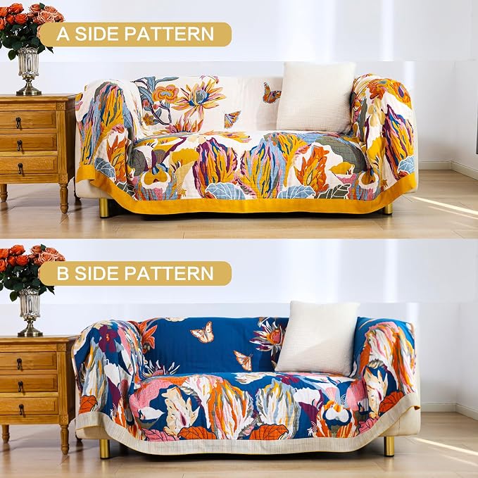 VANJOROY Boho Large Throw Blanket, 100% Organic Cotton Breathable Soft Bed King Throw - Fall Floral Bird Butterfly Farmhouse Decor Blanket for Sofa Couch Chair and Gift. 91" x 98"