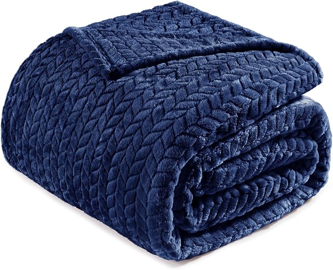 Exclusivo Mezcla Soft Fleece Bed Blanket Queen Size, 90”x90”, Navy Blue | Cozy Fluffy Lightweight Blankets for Summer, Decorative Plush Flannel Throws for Living room, Bedroom with Leaves Pattern