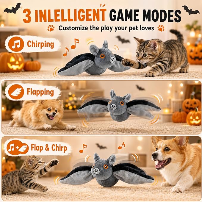 Flying Bat Toy for Dogs & Cats, Flapping Wings Interactive Pet Toy, Flapping Bat Toy with Chirping Engages Cats and Dogs, Cute Interactive EET Teaser, Flapping Wings Cute Bat