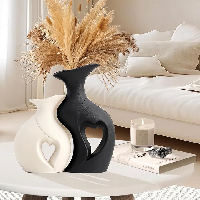 XL Black and White Vase Set of 2, Heart Shaped Ceramic Flower Vase | Home Decor, Minimalist Decorative, Modern, For Wedding Dining Living Room Office Coffee Table Centerpiece H 10.1 inches