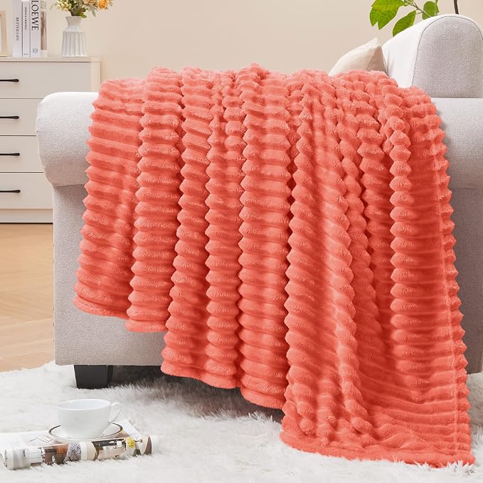 BEDELITE Ribbed Jacquard Coral Red Fleece Twin Blanket for Bed, 60x80 Inch | Soft Warm Decorative Fluffy Blanket, Cozy Plush Lightweight Fuzzy Throw Blanket for Couch Sofa Room Decor, Gift for Women