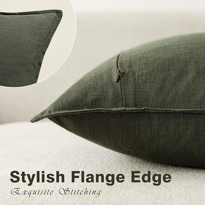 Foindtower Pack of 2, Decorative Linen Solid Throw Pillow Covers Soft Accent Cushion Case Farmhouse Neutral Pillowcase for Chair Couch Sofa Bedroom Living Room Home Decor 20x20 Inch Dark Olive Green