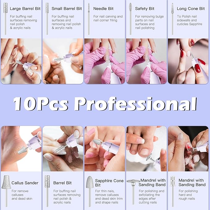 Floranurture Professional Manicure Pedicure Kit Electric Nail Grinder,10 Speeds Cordless Nail Drill with LED Light, Nail File with LED Display,Wider Grinder for Toenail Hand Feet Care for Women Men