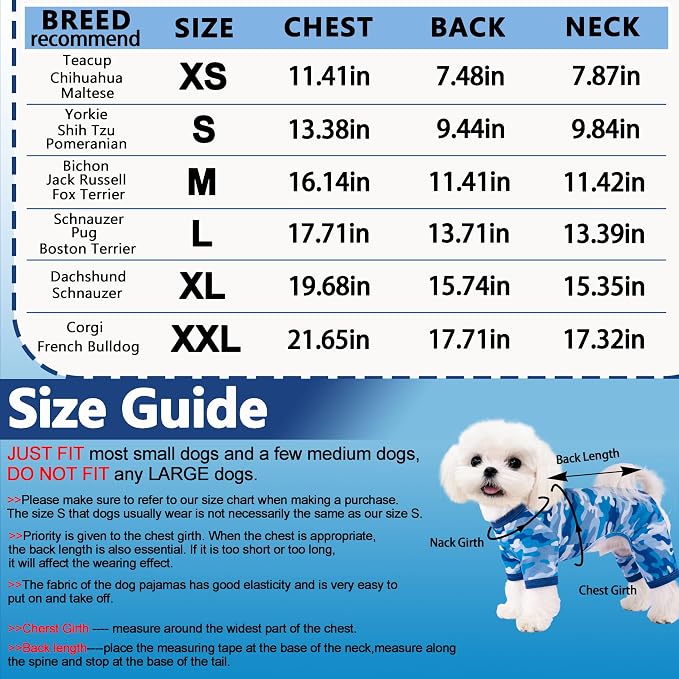Dog Summer Pajamas Onesie Soft Breathable Puppy Jumpsuit Lightweight Dog Clothes for Small Medium Dogs Cat Pet Clothes (Sea Blue, Small)