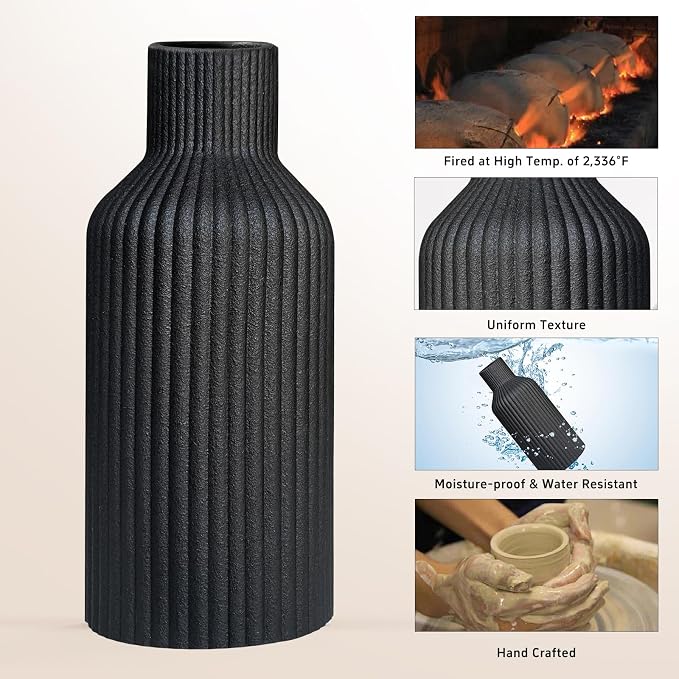 Black Ceramic Flower Vase, Minimalist Modern Home Decor, Matte Finish Pampas Grass Vase for Table, Fireplace, Shelf, Mantel, Entryway and Centerpieces (10in)