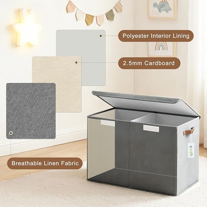 Large Toy Storage Box with Lids, Collapsible Sturdy Baby Storage Organizer Chest Bin Basket for Kids, Boys, Girls, Playroom, Nursery, Bedroom, Closet 25"x13"x16" (Gray)