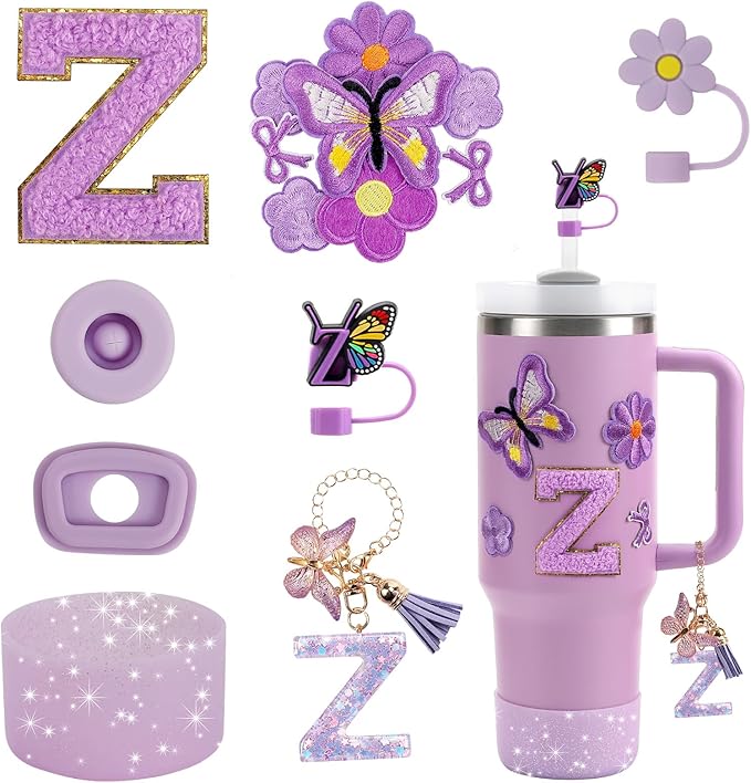 15PCS Cup Accessories Set for Stanley Cup 30oz 40oz Tumbler with Handle, Including Silicone Straw Cover and Boot, Spill Proof Stopper, Stanley Charms, Handle Charm, Initials Sticker