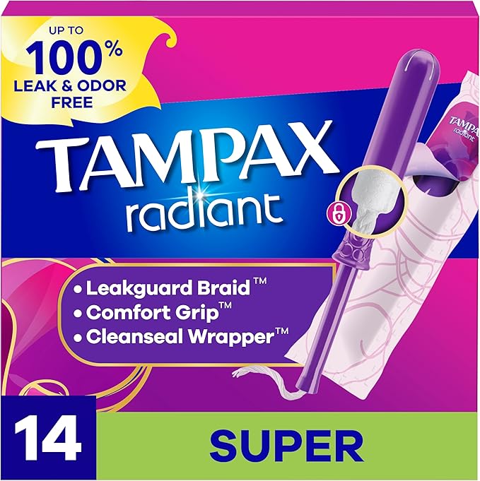 Tampax Radiant Tampons, #1 Tampon Brand, with LeakGuard Braid, Super Absorbency, Up to 100% Leak and Odor Free Protection, Unscented, 14 Count