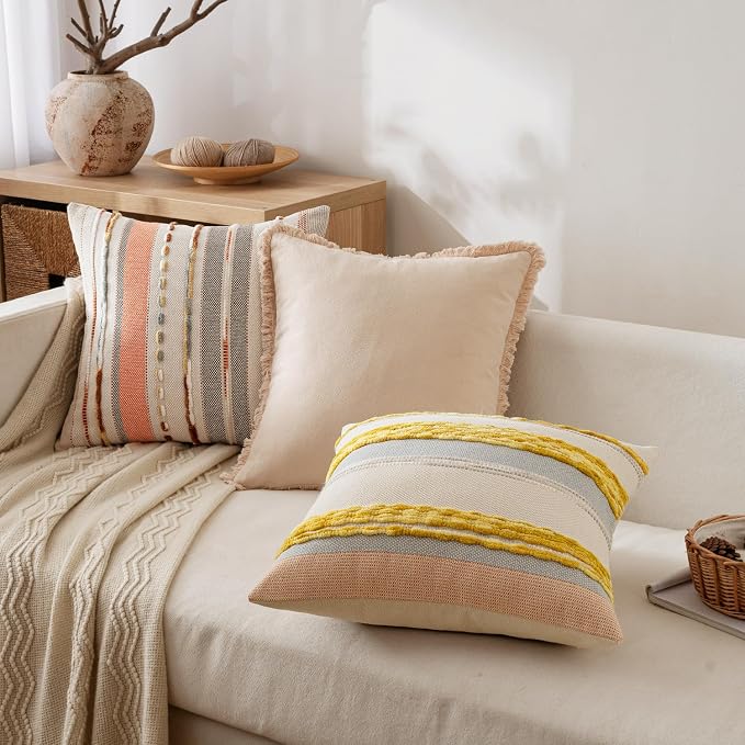 ANRODUO Boho Decorative Throw Pillow Covers Pink Stripe 18x18 Pack of 2 | Throw Pillow Covers, Farmhouse Cushion Case, Chenille Pillow Cases, Pillow Covers, Accent Neutral Pillowcase for Sofa Couch