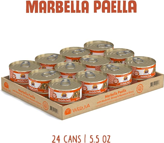Weruva Classic Cat Food, Marbella Paella with Mackerel, Shrimp, & Mussels in Gravy, 5.5oz Can (Pack of 24)