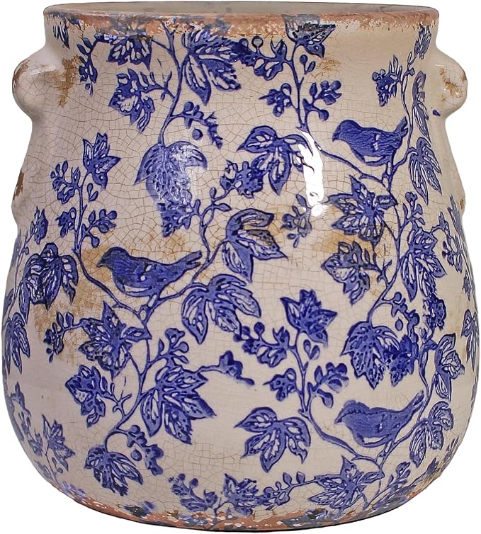 English Country Ceramic Planter, 6.7" Chinoiserie Vase & Utensil Holder | Vintage Crock Flower Pot with Drainage for Indoor & Outdoor Use, Rustic Farmhouse Kitchen & Garden Decor Gift (Blue Bird)