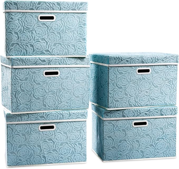 Large Collapsible Storage Boxes with Lids [5-Pack] Fabric Decorative Storage Bins Cubes Organizer Containers Baskets with Cover Handles for Bedroom Closet Nursery Blue 17.5x11.8x11.8 Inch
