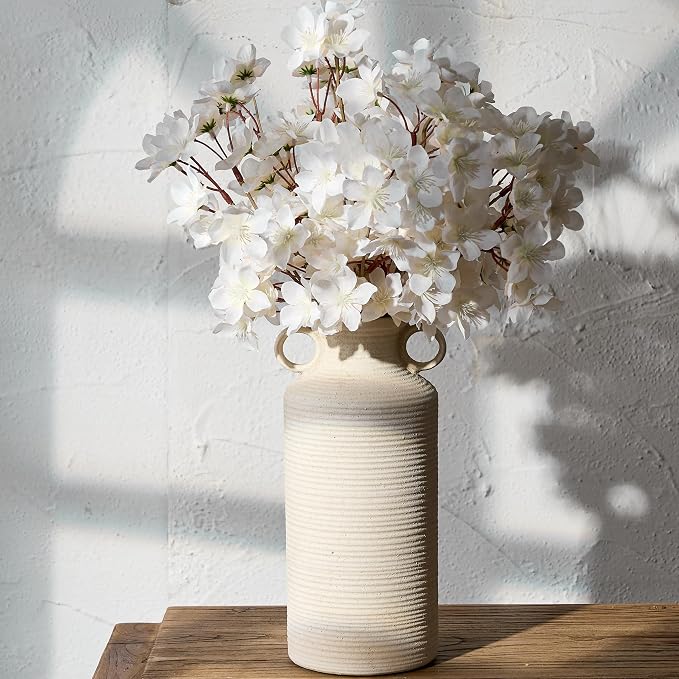 Vaseking Ceramic Rustic Vase with 2 Round Handles, Antique Farmhouse Flower Vase, Vintage Terracotta Vases for Home Decor, Wedding, Living Room, Table, Shelf Decor - 10.2 Inch Tall, Fossil