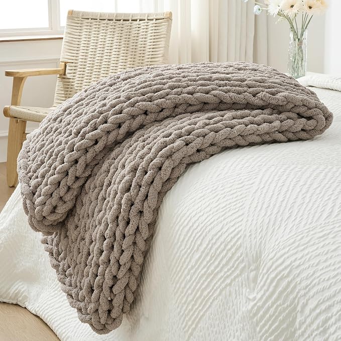 Bigacogo Chunky Knit Throw Blanket for Couch, 40x60 inches, Taupe | Hand Knit with Jumbo Chenille, Soft Breathable Cable Knit for Sofa Bed Living Room, Machine Washable, Gift for Mom Friend